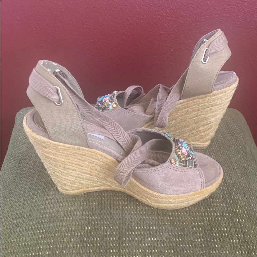 Steve Madden Chryslis Jewel Embellished Gray Espadrilles Ankle Tie Wedge Sandals